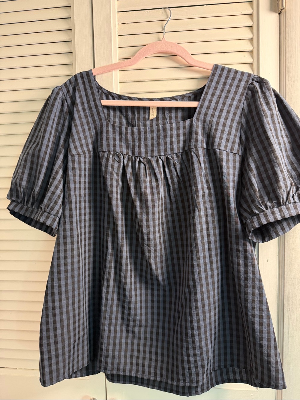 Square Neck Gingham Puff Sleeve Top - Blue/Black
